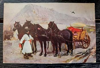 Kunstpostkarte 1908, J. Chelmonski, Pferdekutsche Tour droits reserves