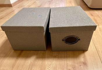 2 graue voll funktionsfähige Aufbewahrungskisten mit Deckel